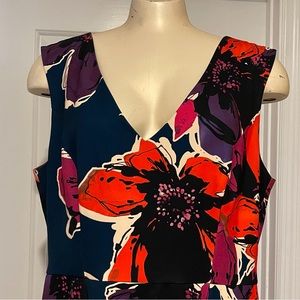 Trina Turk dress sz 14, long back/short front, inverted pleats, lined zip back